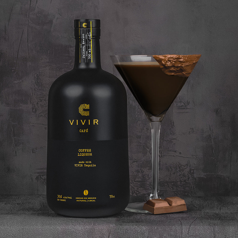 A bottle of VIVIR Café VS is positioned next to an Espresso Martini cocktail. A coloured block reads Tequila Trail Espresso Martini.