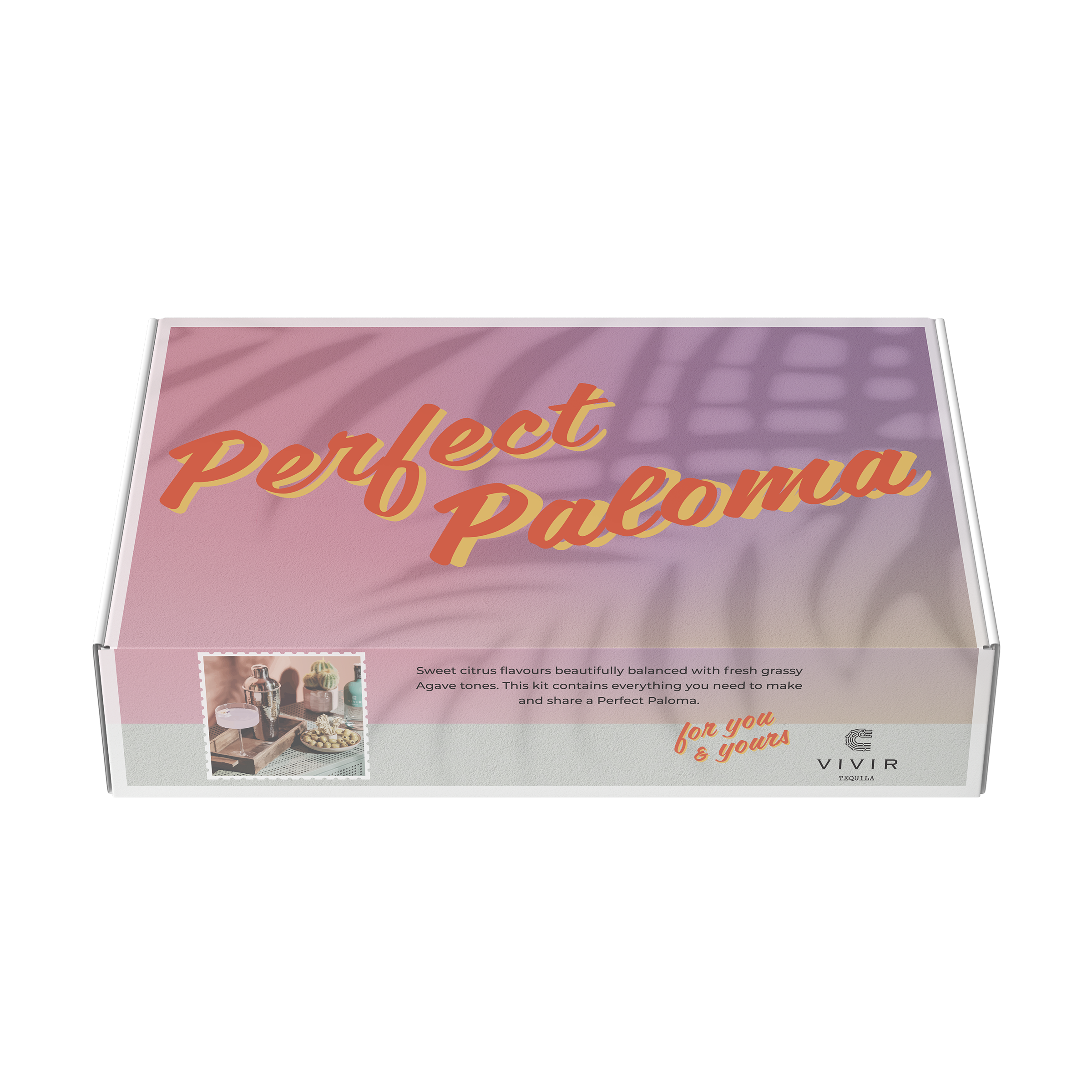 A box with the words Perfect Paloma on a sunrise gradient and palm leaf shadows. The box contains VIVIR Tequila Blanco miniatures and Fever-Tree grapefruit soda cans, which make two Paloma cocktails.