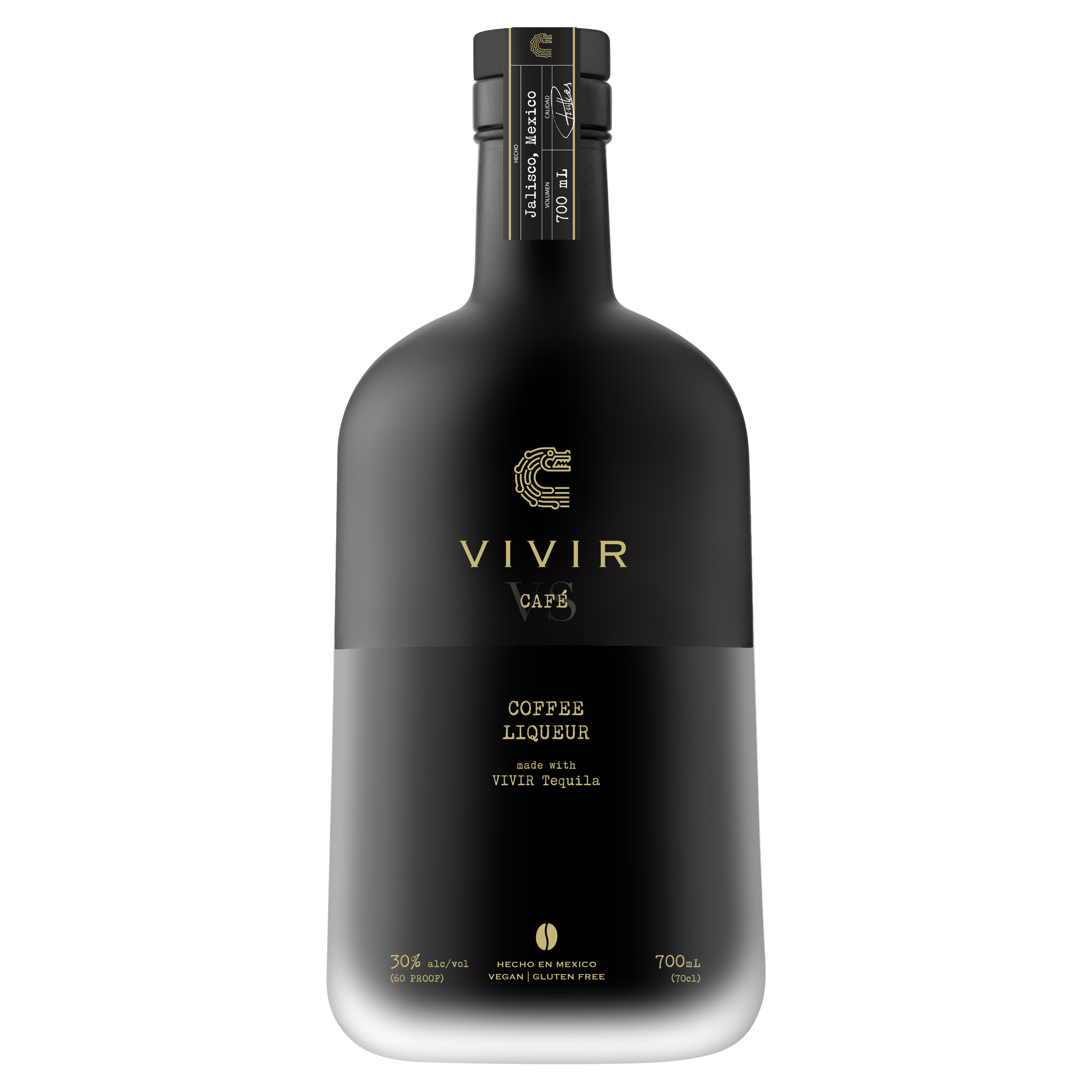 A bottle of VIVIR Café VS. The top half of the bottle is black and displays the VIVIR Café logo in gold, and the bottom half of the bottle is frosted transparent showing the dark coffee-coloured liqueur inside.