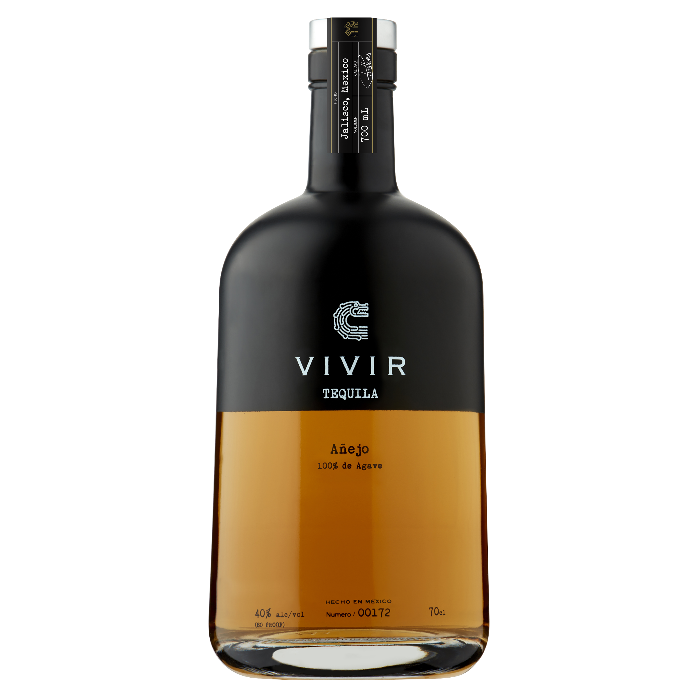 A bottle of VIVIR Tequila Añejo. The top half of the bottle is black and displays the VIVIR Tequila logo, the bottom half of the bottle is transparent and shows the deep amber-coloured Tequila inside.