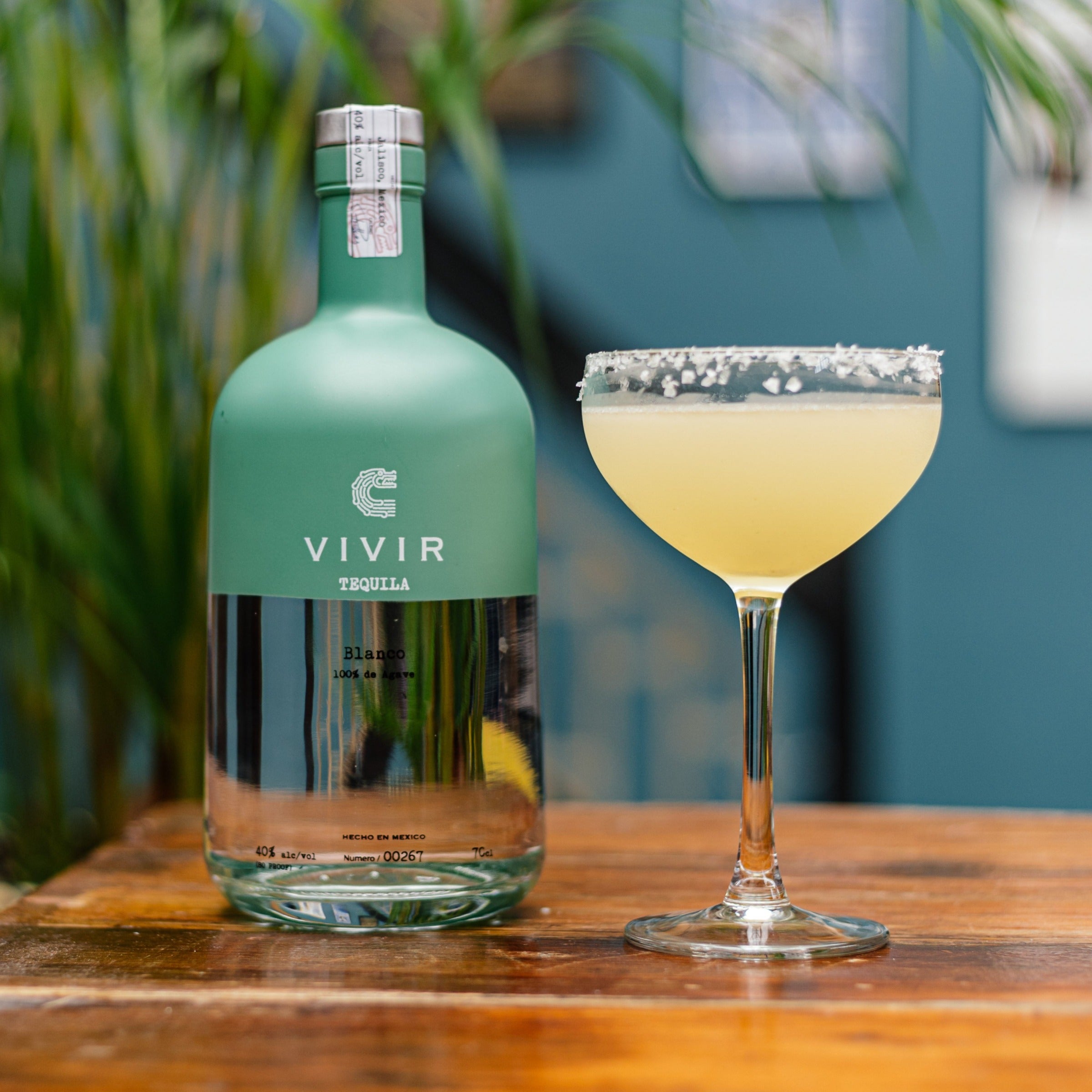 A bottle of VIVIR Tequila Blanco positioned next to a Margarita cocktail in a stemmed glass with a salt rim..