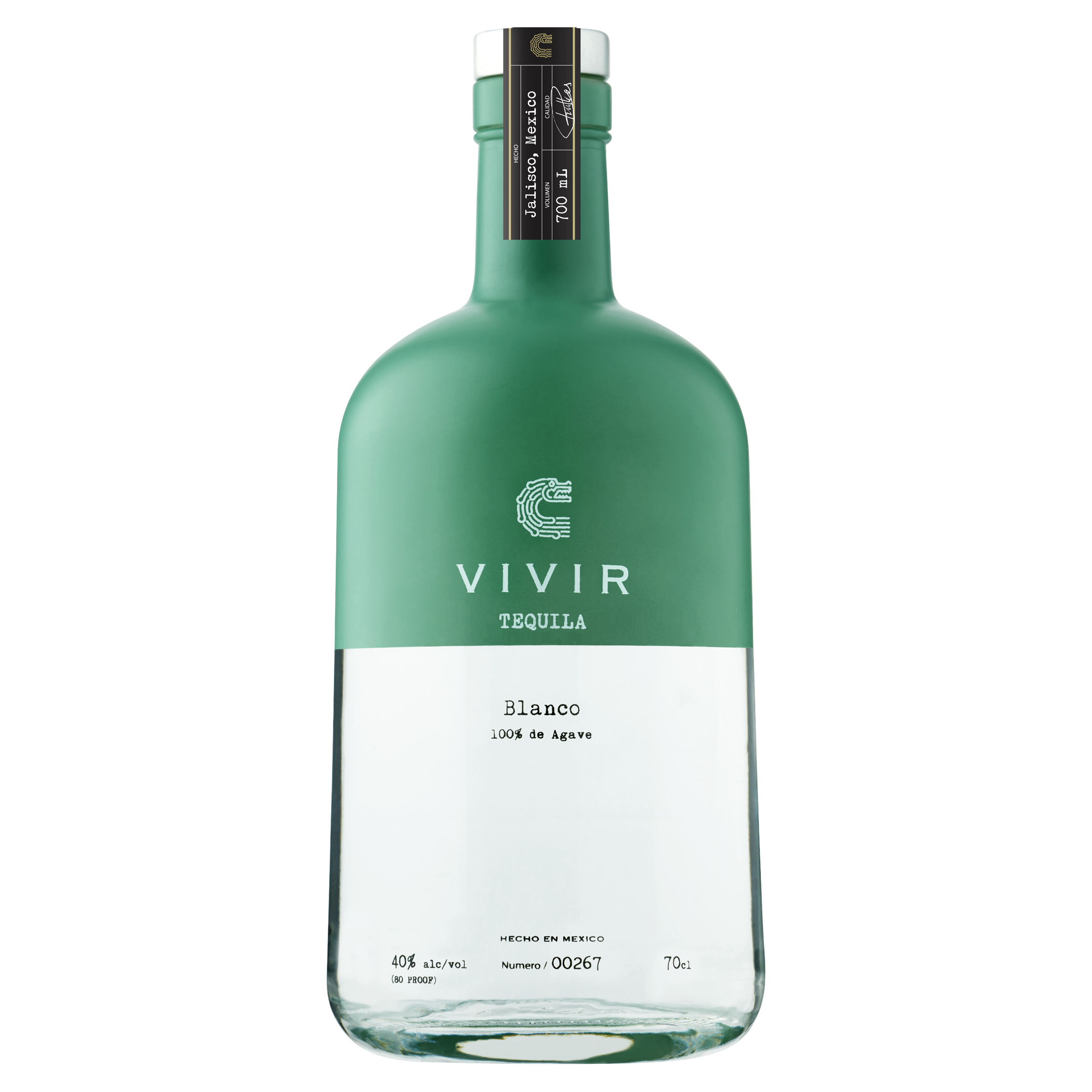 A bottle of VIVIR Tequila Blanco. The top half of the bottle is a teal green colour and displays the VIVIR Tequila logo, the bottom half of the bottle is transparent and shows the clear colourless Tequila inside.