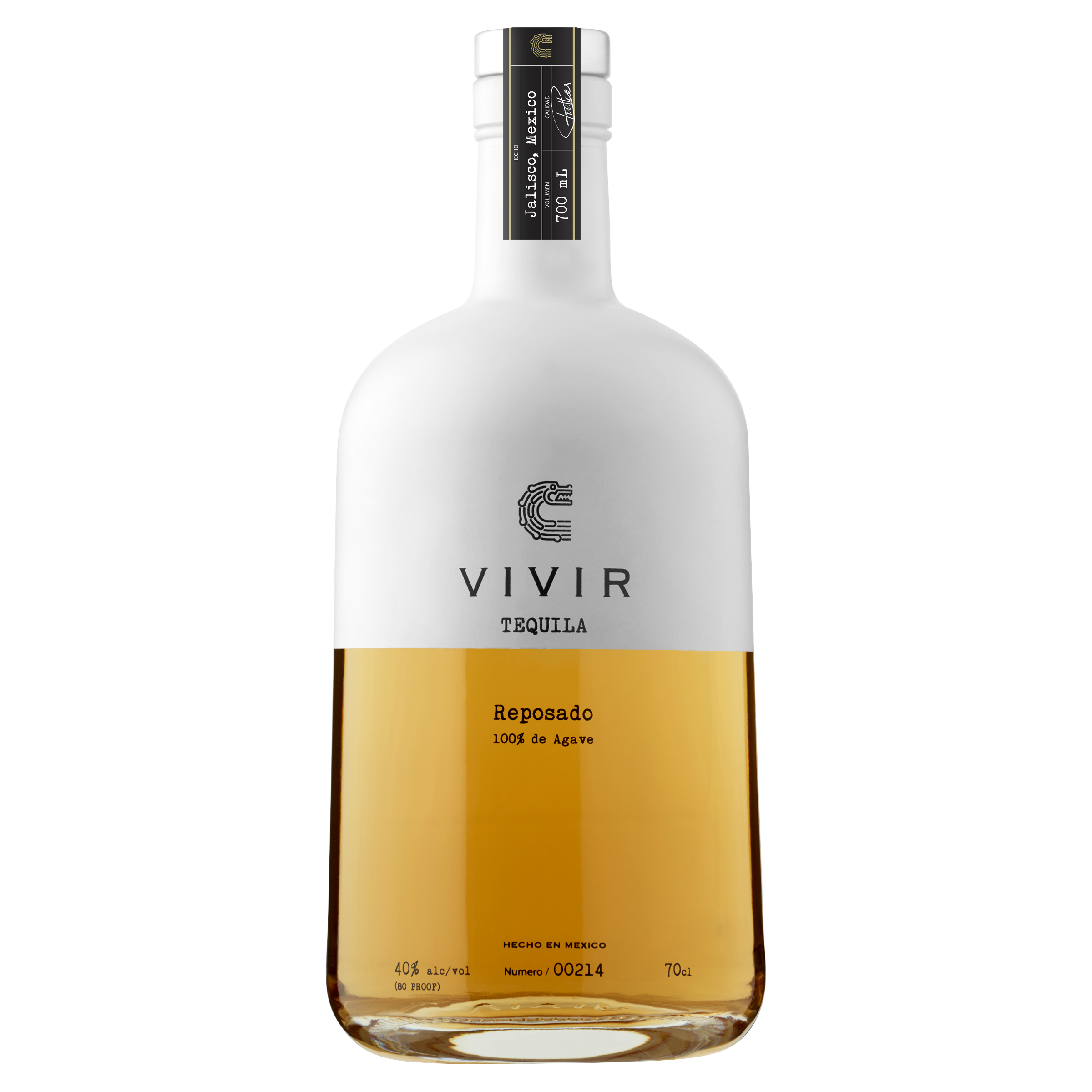 A bottle of VIVIR Tequila Reposado. The top half of the bottle is white and displays the VIVIR Tequila logo, the bottom half of the bottle is transparent and shows the light amber-coloured Tequila inside.